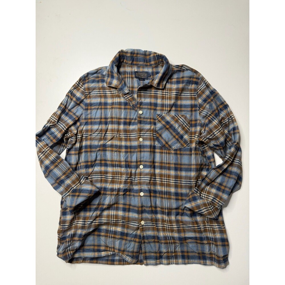 Pendleton Mens Plaid Flannel Button Down Shirt Large Blue Orange Cotton